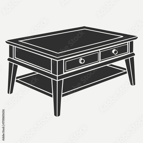 A classic dark gray silhouette of a rectangular coffee table with two drawers and a lower shelf perfect for interior design concepts