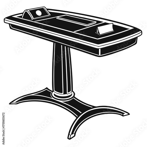 A stylized black and white illustration of a vintage gaming table with a single pedestal base and ornate legs featuring a felt surface and a small triangular sign