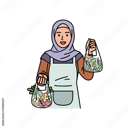 A smiling Muslim woman wearing a hijab and an apron holds two bags of fresh vegetables for healthy cooking