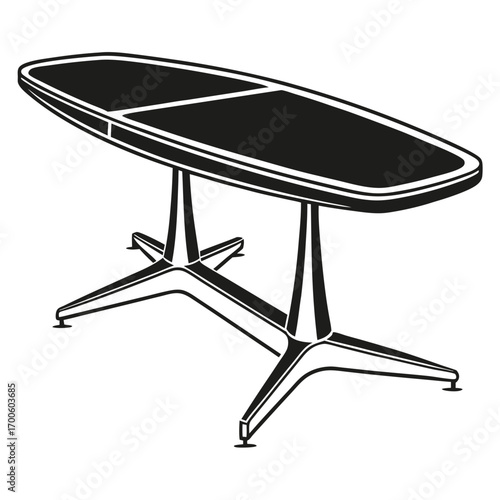 A sleek modern black silhouette of an oval shaped conference or dining table with a distinctive starburst base perfect for contemporary office or home decor