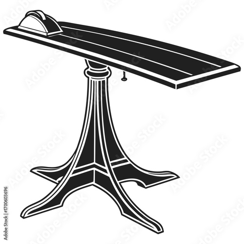 Elegant antique ironing board with a decorative eiffel tower inspired base and a metal iron rest presented in a clean black and white silhouette illustration style for vintage home decor concepts