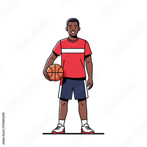 Smiling basketball player character, a young Black athlete in a red shirt and shorts, vector line art style