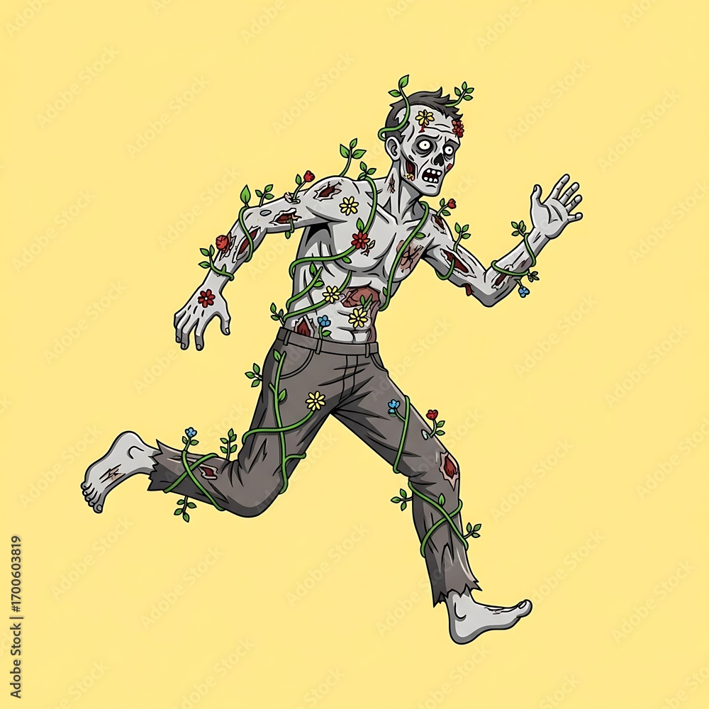 Obraz premium Running Zombie with Flowers and Vines