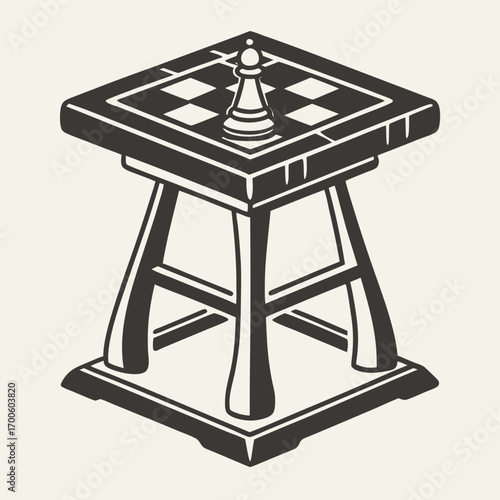 A single white pawn chess piece stands alone on a stylized chessboard atop a unique wooden pedestal against a neutral background symbolizing strategy and solitude in a game