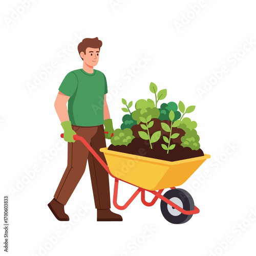 Man Pushing Wheelbarrow Full of Plants and Soil
