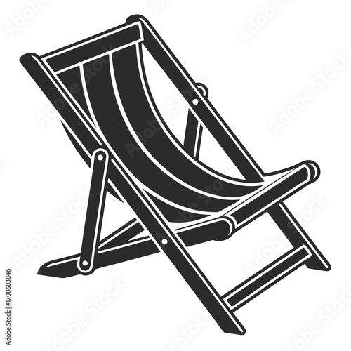 A simple black and white illustration of a classic striped deck chair perfect for beach or garden relaxation presented as a clean vector graphic