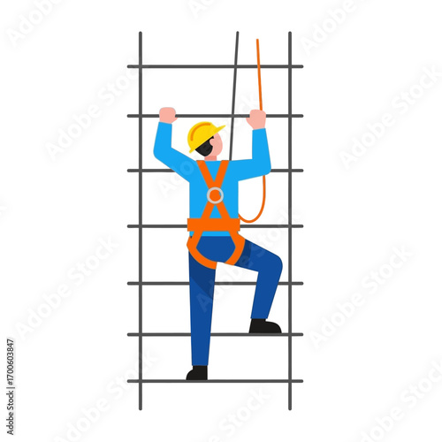 Construction Worker Climbing Steel Scaffolding Safety and Industrial Work