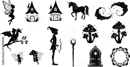 Wallpaper Mural Fairy tale silhouettes, magical fantasy characters, unicorn and dragon, fairy with wings, enchanted mushroom, mystical door, fantasy house and wizard staff, magical forest elements vector Torontodigital.ca