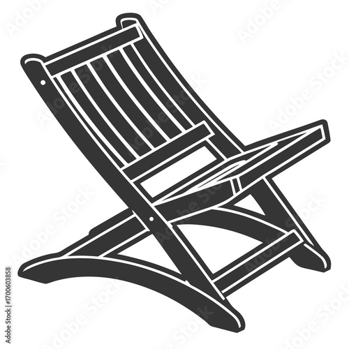 A simple graphic illustration of a dark grey wooden deck chair with white outlines depicted in a side profile against a white background perfect for summer or outdoor leisure themes