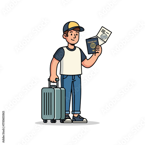 Man with Suitcase Holding Passport, Ready for Travel