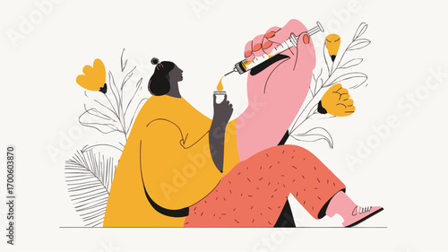 Cartoon illustration of woman holding weight loss injection modern hand drawn style