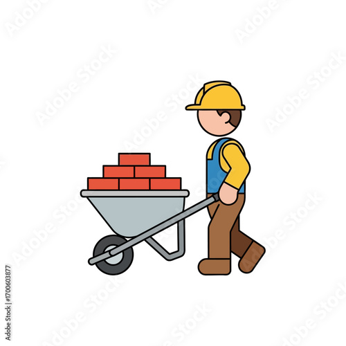 Vector illustration of a construction worker diligently pushing a wheelbarrow full of red bricks, showcasing essential manual labor on a building site or during renovation