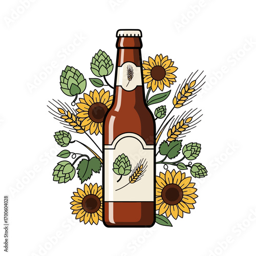 Craft Beer Bottle with Sunflowers and Hops Illustration