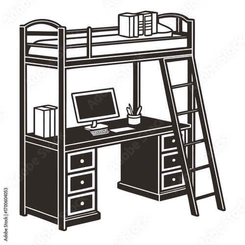 A stylized black and white illustration of a loft bed with a desk underneath featuring a computer keyboard books and a ladder for access to the sleeping area above