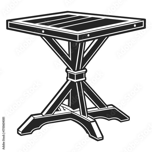 A stylized black and white illustration of a square wooden table with a slatted top and a decorative pedestal base featuring angled legs and a central support structure
