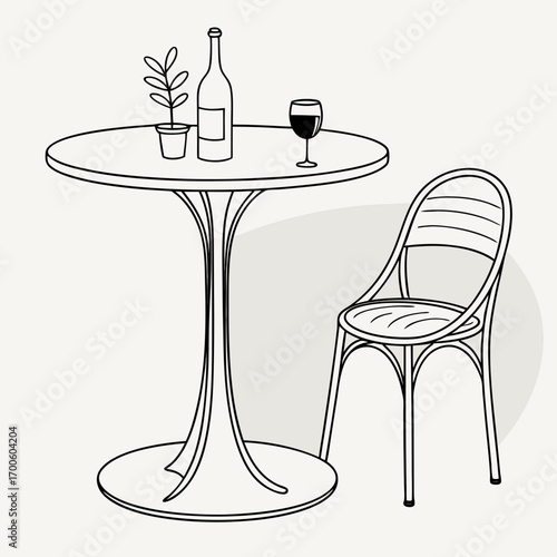 Simple line drawing of a round bistro table with a bottle of wine a glass of red wine and a small potted plant next to a wicker chair on a light background