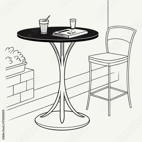 A simple line drawing illustration of a round black bistro table with a book and drinks next to a tall stool with a planter box on the left suggesting an outdoor cafe or patio setting