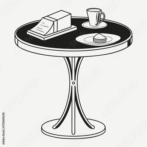 A simple line art illustration of a round black table with a stack of pancakes a coffee cup and saucer and a book or notepad on its surface set against a plain background