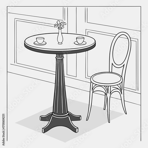 A simple line drawing of a round bistro table with two coffee cups and a vase of flowers paired with a classic cafe chair set against a paneled wall
