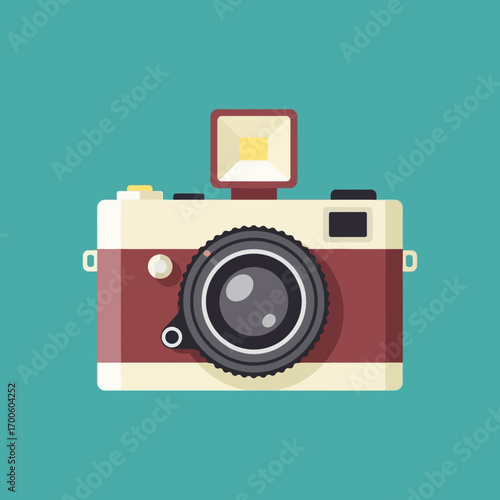 Retro camera with pop-up flash on a teal background, perfect for graphic design and vintage themes