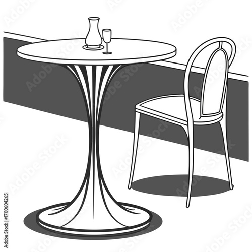 Minimalist illustration of a single chair and a round table with a carafe and glass set against a dark background conveying a sense of quiet contemplation or waiting