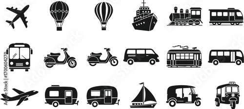 Transportation and travel icons set including airplane, hot air balloon, ship, train, bus, scooter, van, tram, caravan, sailboat, tuk-tuk, various travel vehicles