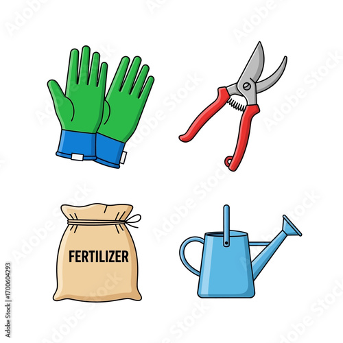 Set of essential garden tools for planting and care. Vector illustration with gloves, pruners, fertilizer, and a watering can