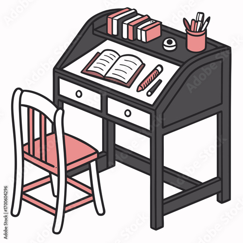 A charming illustration of a vintage wooden writing desk with a chair featuring an open book pencils pens and stacked books perfect for educational or creative themes
