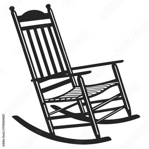 A classic black and white silhouette of a wooden rocking chair with a slatted back and seat isolated on a white background evoking comfort and nostalgia