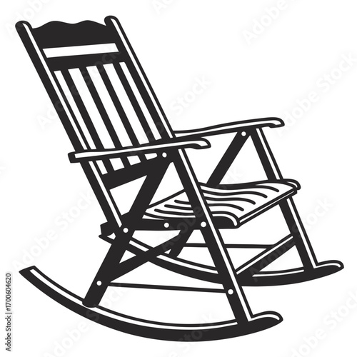 A classic black and white illustration of a wooden rocking chair with a slatted back and seat isolated on a white background evoking comfort and nostalgia