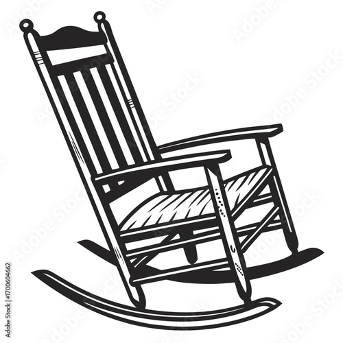 A classic wooden rocking chair with a slatted back and seat depicted in a bold black and white silhouette isolated on a white background symbolizing comfort and relaxation
