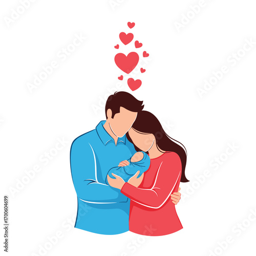 A loving couple welcoming their precious newborn baby into the world with hearts floating above
