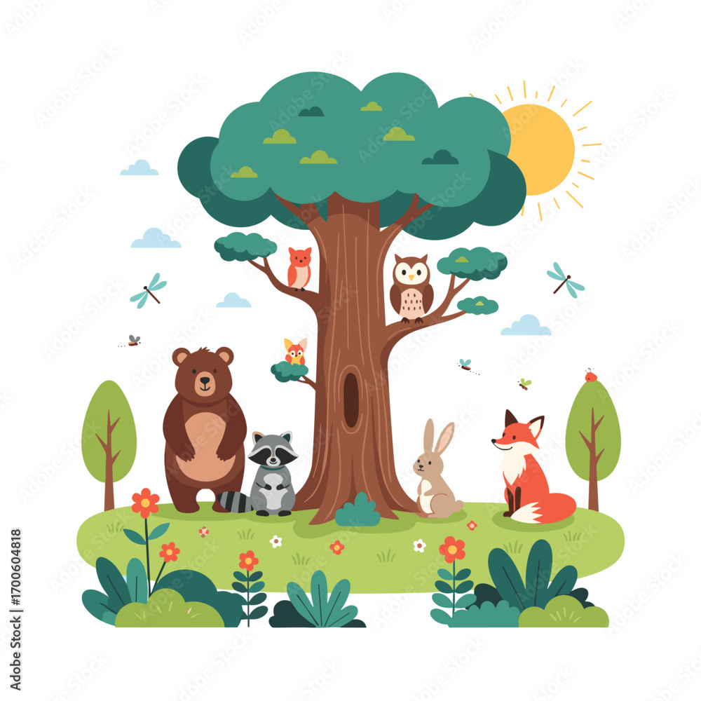 Fototapeta premium Cute forest animals gathered together under a big green tree on a sunny day