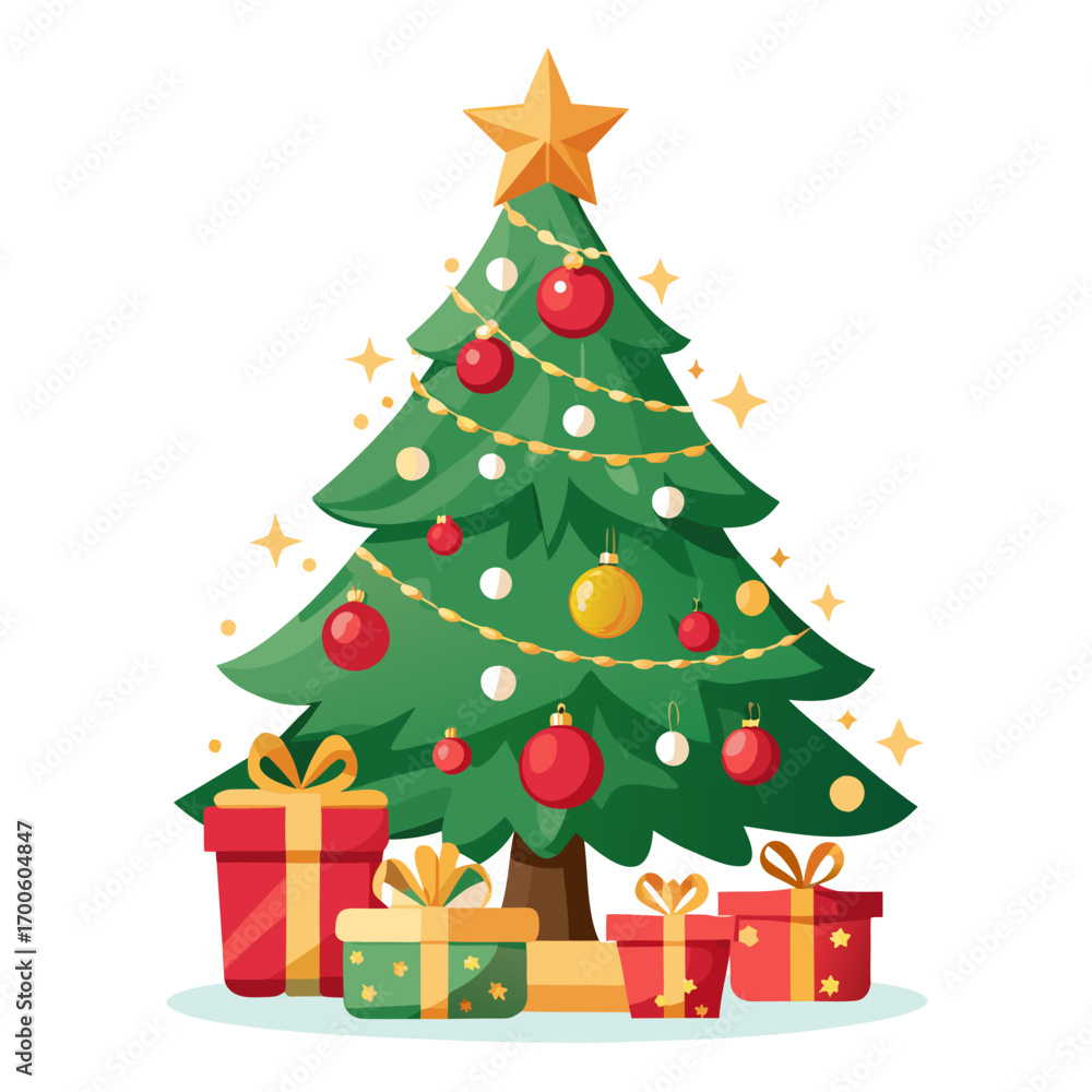 Naklejka premium Beautifully decorated christmas tree with gifts vector illustration vector