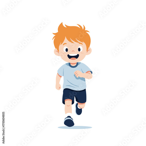 A happy energetic young boy with orange hair running forward with a joyful expression and a big smile on his face