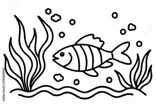 Outlined Cartoon Fish Swimming Among Seaweed and Bubbles Illustration, Simplistic Design