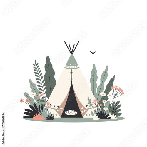 Bohemian style teepee tent nestled among lush greenery and delicate wildflowers