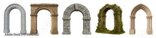 Stone arch set including Romanesque, Gothic, medieval, ancient, and modern styles isolated. Architectural and fantasy elements.