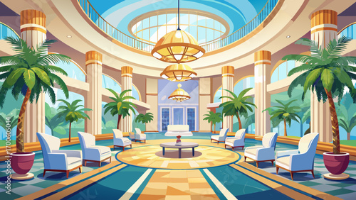 Very beautiful panoramic 360 panorama view of a luxury hotel lobby, featuring marble floors, cream lounge chairs, crystal chandeliers, and towering indoor palms, exuding grandeur, comfort, and timeles