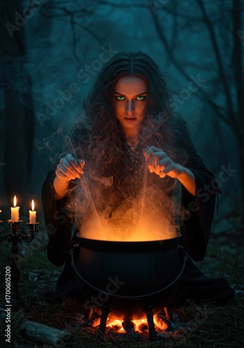 Dark-haired woman performing magic over cauldron in enchanted forest  
