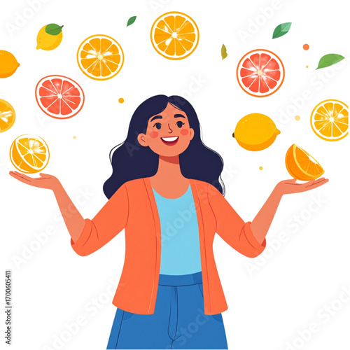 Vector illustration of a happy woman with citrus fruits floating around her. Healthy food concept. Editorial use, article, advertisement, lifestyle magazine