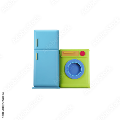 Blue refrigerator and a lime washing machine, transparent background