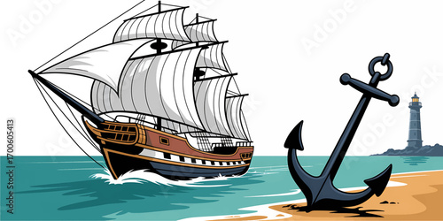 A vintage sailing ship approaches a sandy shore with an anchor in the foreground and a lighthouse in the distance