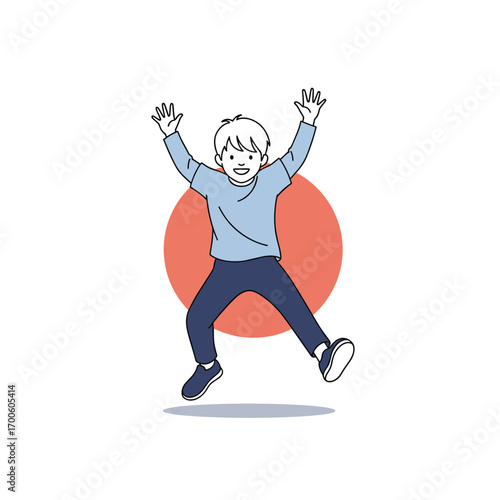 Joyful happy kid jumping with excitement arms up celebrating childhood fun and energetic lifestyle