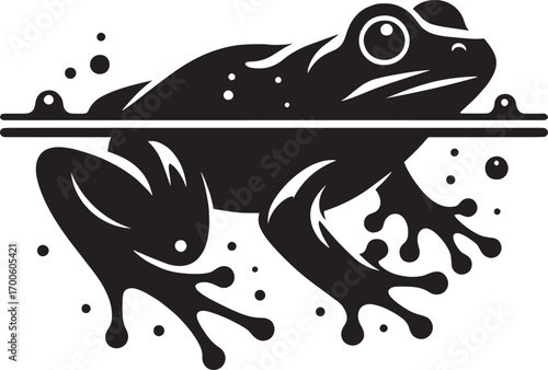 Black silhouette frog emerging from water with droplets wildlife amphibian nature art