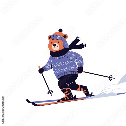 Cute cartoon bear dressed warmly skiing down a snowy slope with ski poles