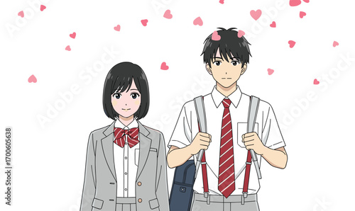 Anime illustration of schoolgirl and schoolboy in uniforms with hearts above, youth romance and school life concept, vector art, flat design, minimal style