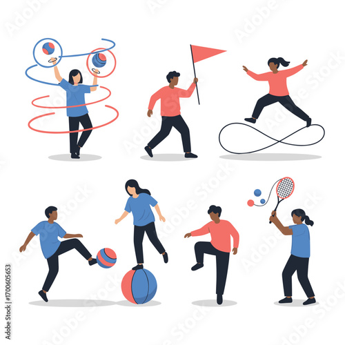 Diverse group engaging in various recreational athletic activities and sports practicing