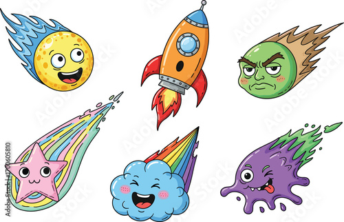 Cute cartoon space elements, expressive comets and rockets, funny star and cloud characters, colorful meteor designs, vector cosmic emojis, playful outer space illustration
