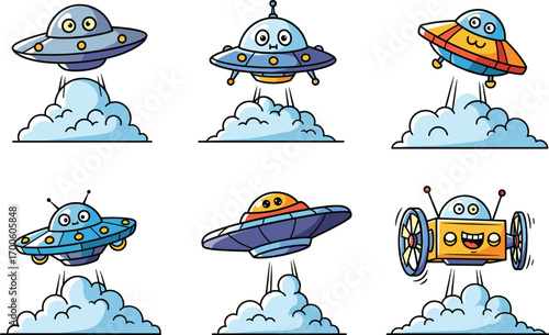 Cute cartoon UFOs launching from clouds, colorful alien spaceships in vector style, funny flying saucers for kids, isolated space clipart illustration